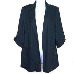 Tahari Open Front Blazer Dark Navy Blue Lined Roll Tab Sleeves Linen Blend EUC M
